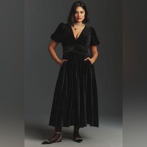 Anthropologie The Katerina Button Front Dress Black Velvet‎ Midi Size 20W